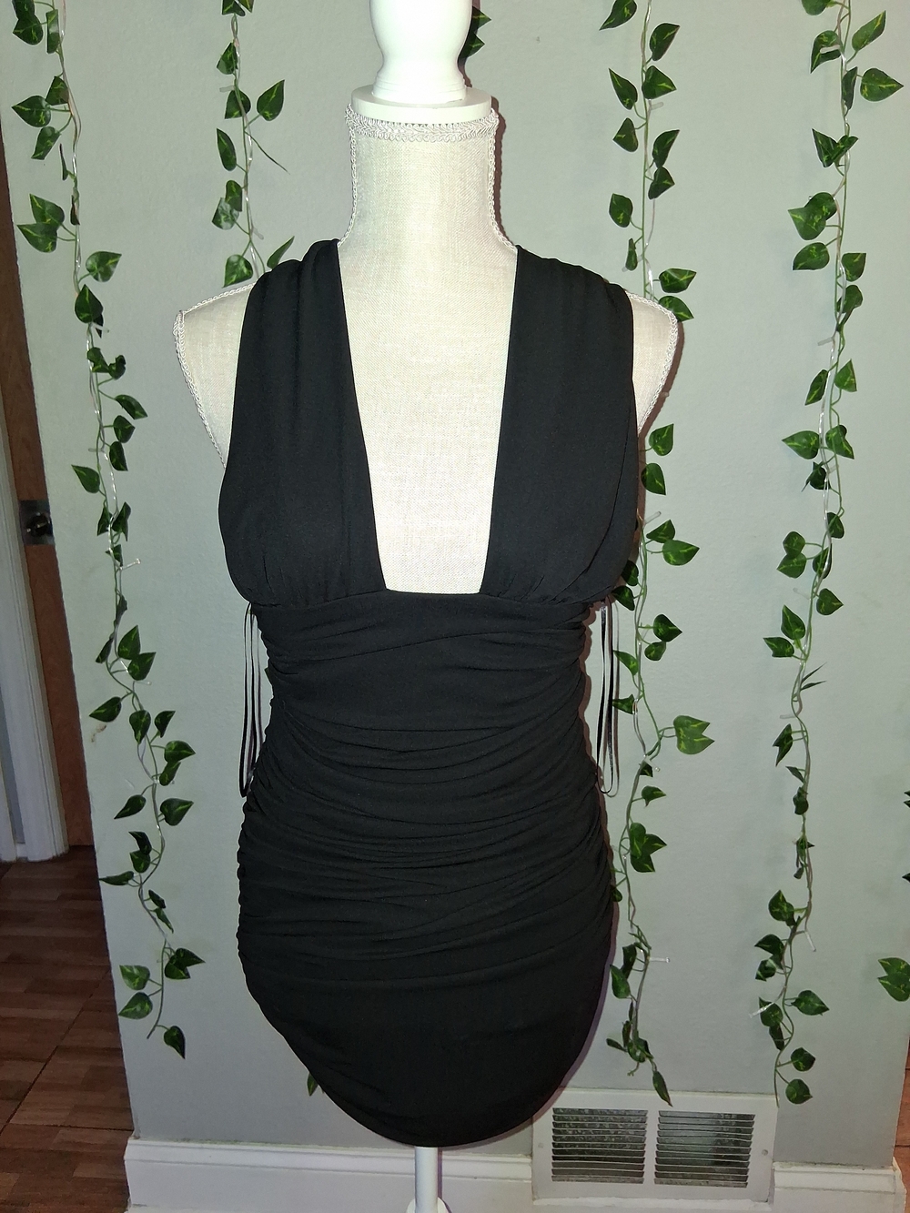 Zara Black Sleeveless Ruched Deep V Dress